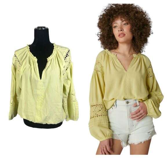 Lucky Brand Crochet Peasant Blouse Citron Green Women's Medium NEW with Tags - Picture 1 of 11